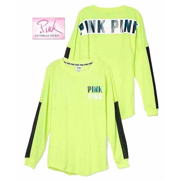 NWT XS Victoria's Secret PINK Neon Green Black Mesh Varsity Crew Sweatshirt Top - Picture 1 of 12